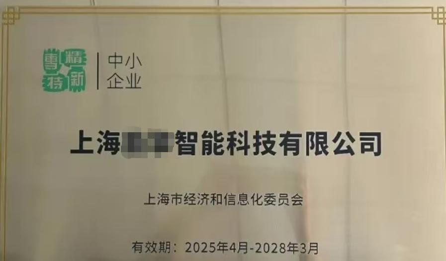 该企业获颁的专精特新中小企业牌匾，企业名称已打码
